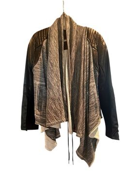 Blank NYC Black Faux-Leather Sleeve Draped Jacket with Gray Knit Body